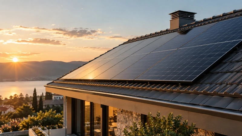Telhado com placas solares ao pôr do sol, mostrando o aproveitamento da cobertura.