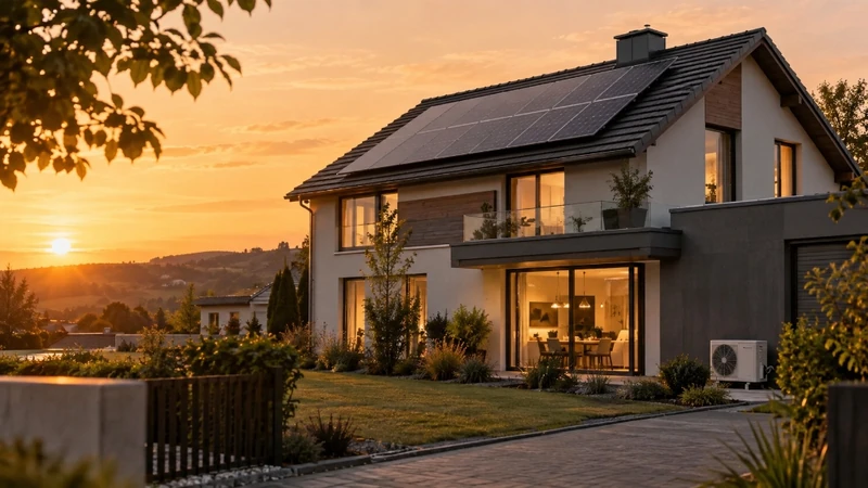 Casa residencial com luzes acesas e painéis solares no telhado ao entardecer.