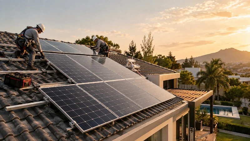 Técnicos instalando painéis solares no telhado com equipamentos de segurança.