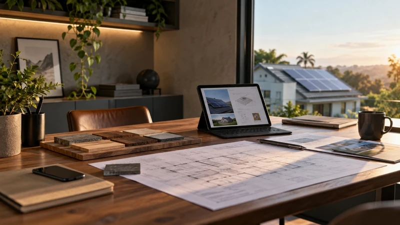 Mesa de trabalho com plantas técnicas, amostras de acabamento e projeto solar no tablet.
